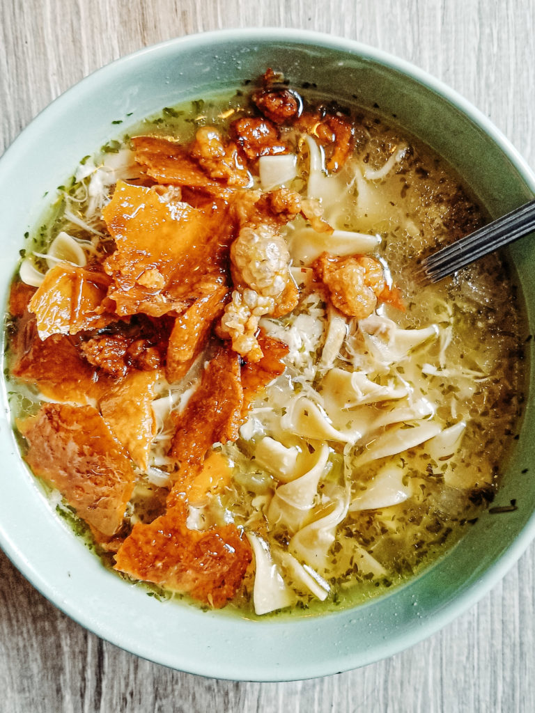 instant pot chicken noodle soup with crispy roasted chicken skin