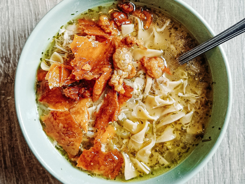 instant pot chicken noodle soup with roasted chicken skin
