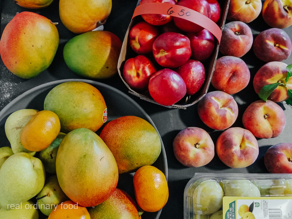 fruit spread of mango, pear, plum, nectarine, peach