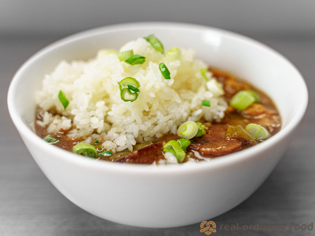 vegan gumbo with chickwheat and andouille soysage