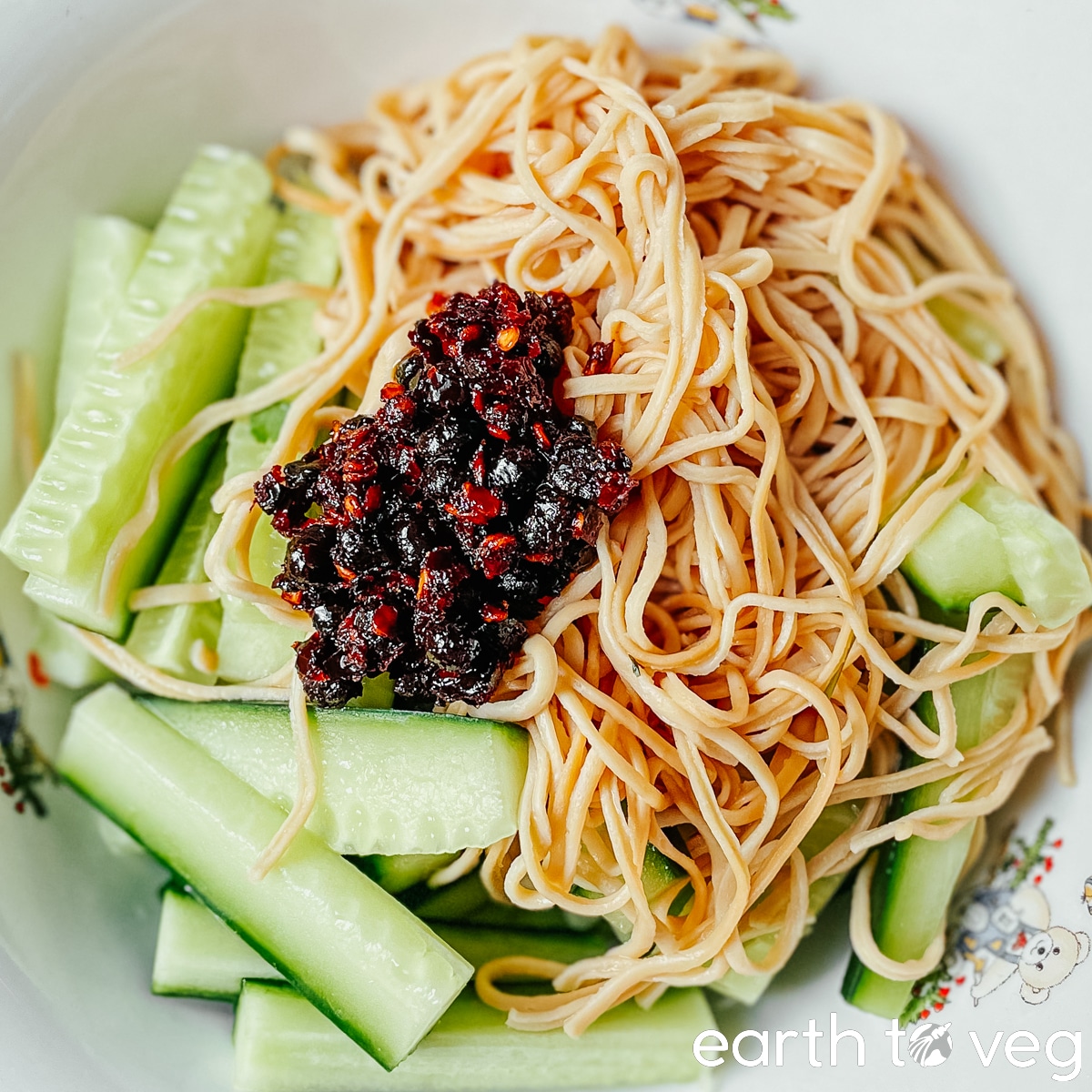 A generous dollop of Lao Gan Ma chili crisp is placed on top of a bowl of cucumbers and bean curd.