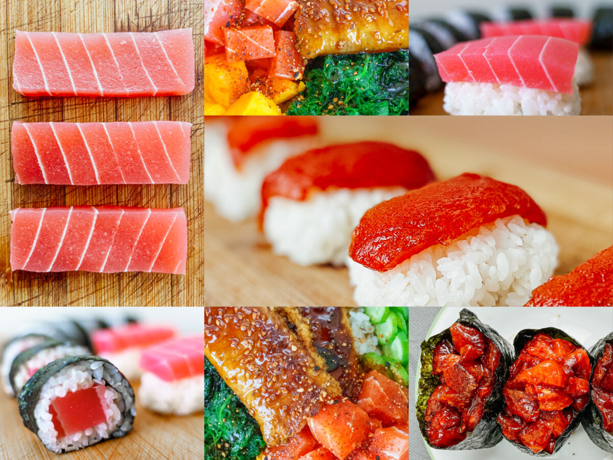 An assortment of vegan nigiri and sashimi.