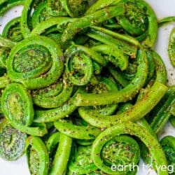 Lemon butter sauteed fiddleheads on a plate.