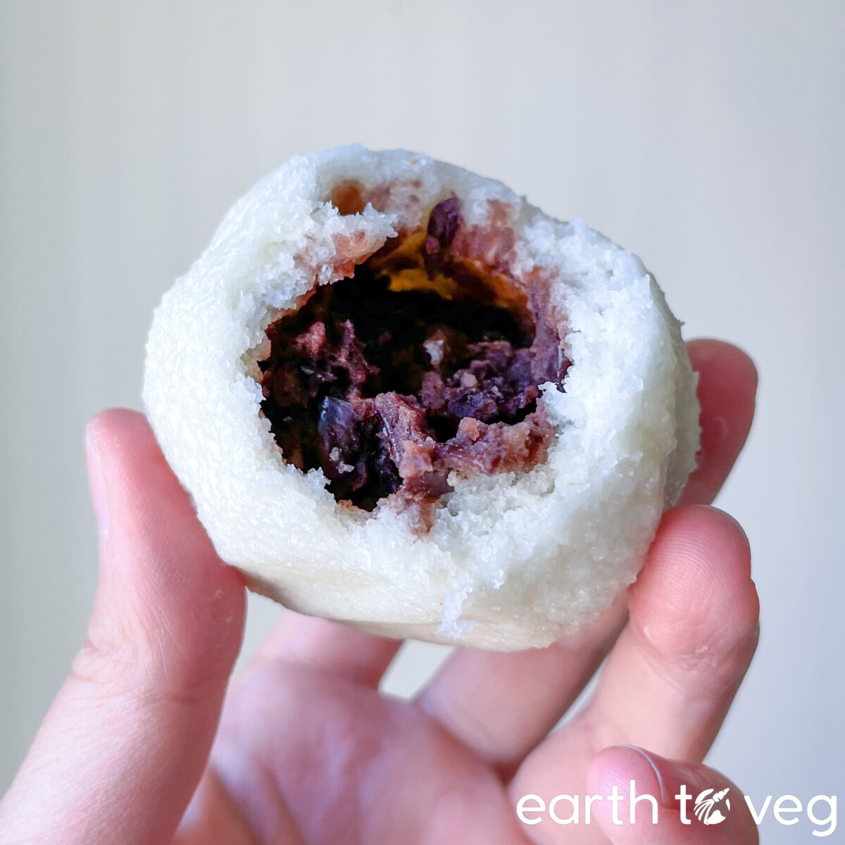 A hand holding up a nagaimo wagashi with red bean anko against a beige wall.