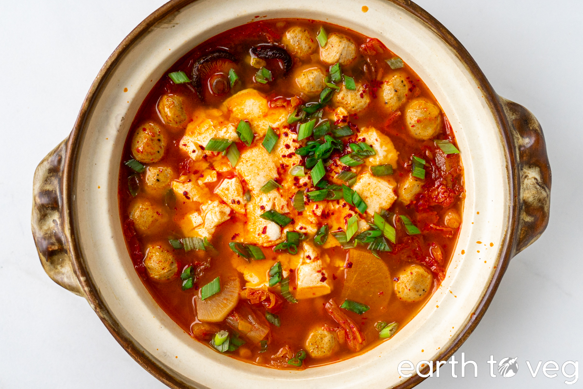 pot of vegan soondubu jjigae