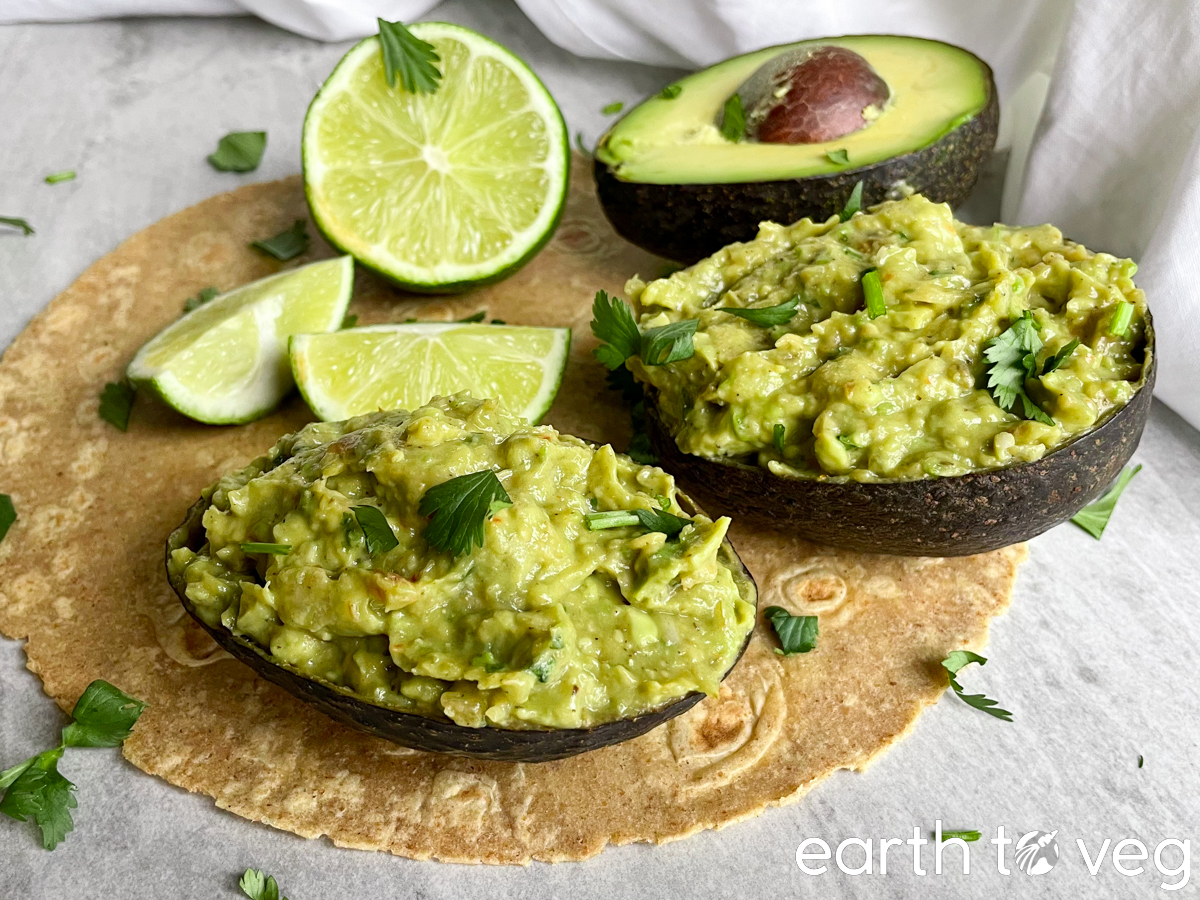 homemade guacamole in avocado shells
