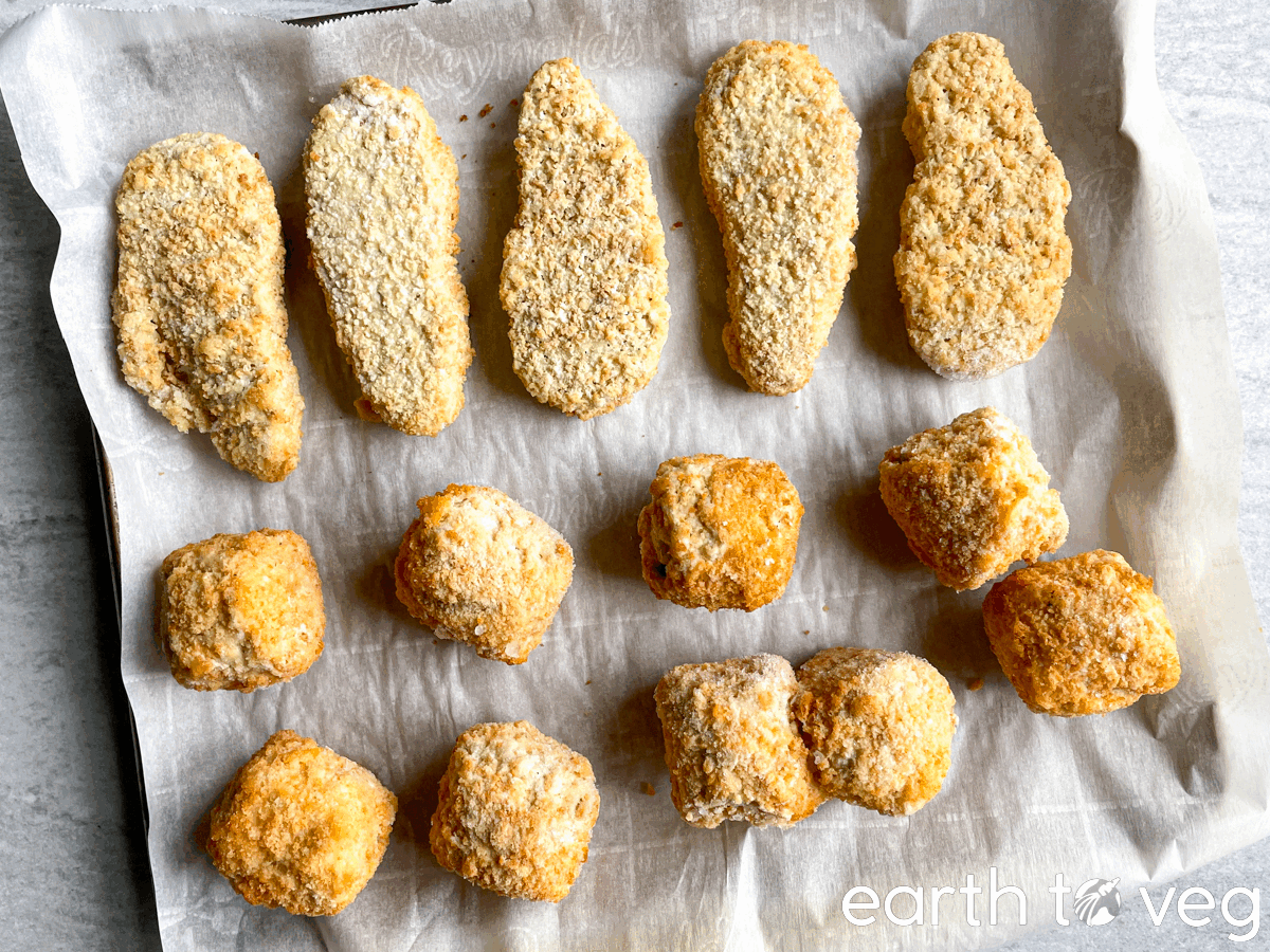 baking before and after comparison of sol cuisine bites and tenders on parchment paper