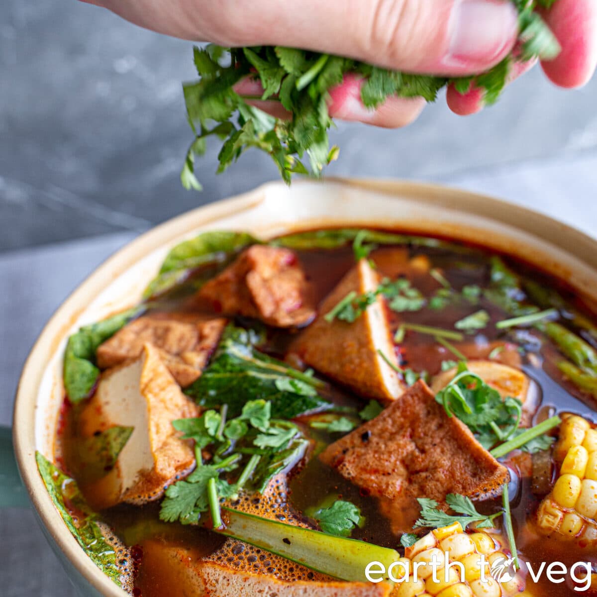 Chopped cilantro and scallions are scattered over a pot of stinky tofu soup.