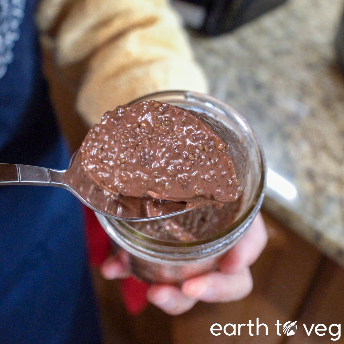 spoon holding up a block of gelatinous chocolate chia pudding