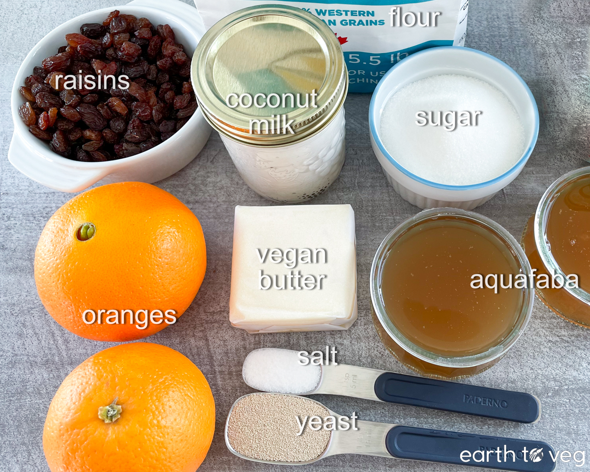 ingredients for vegan paska are laid out on a grey countertop.