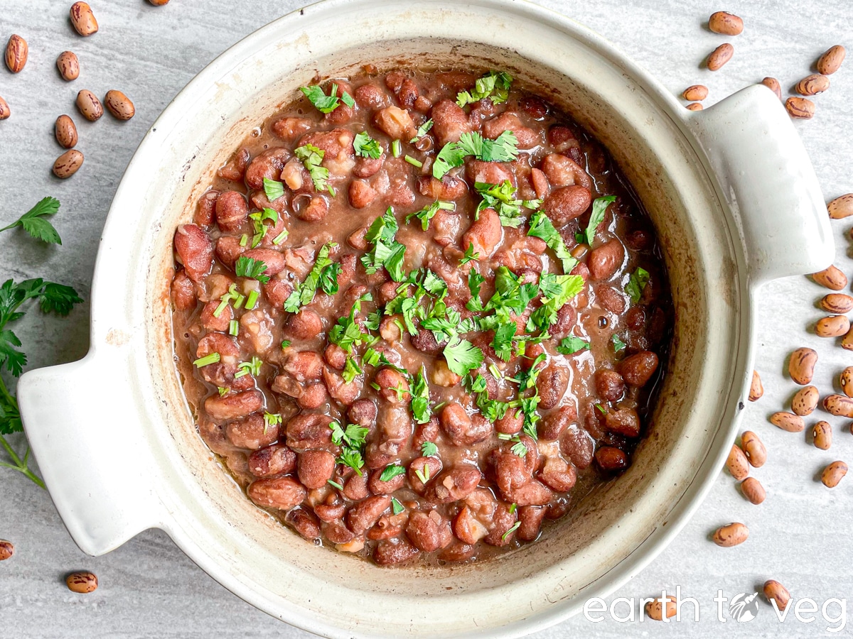 A hearty pot full of Mexican stewed beans on a grey countertop.