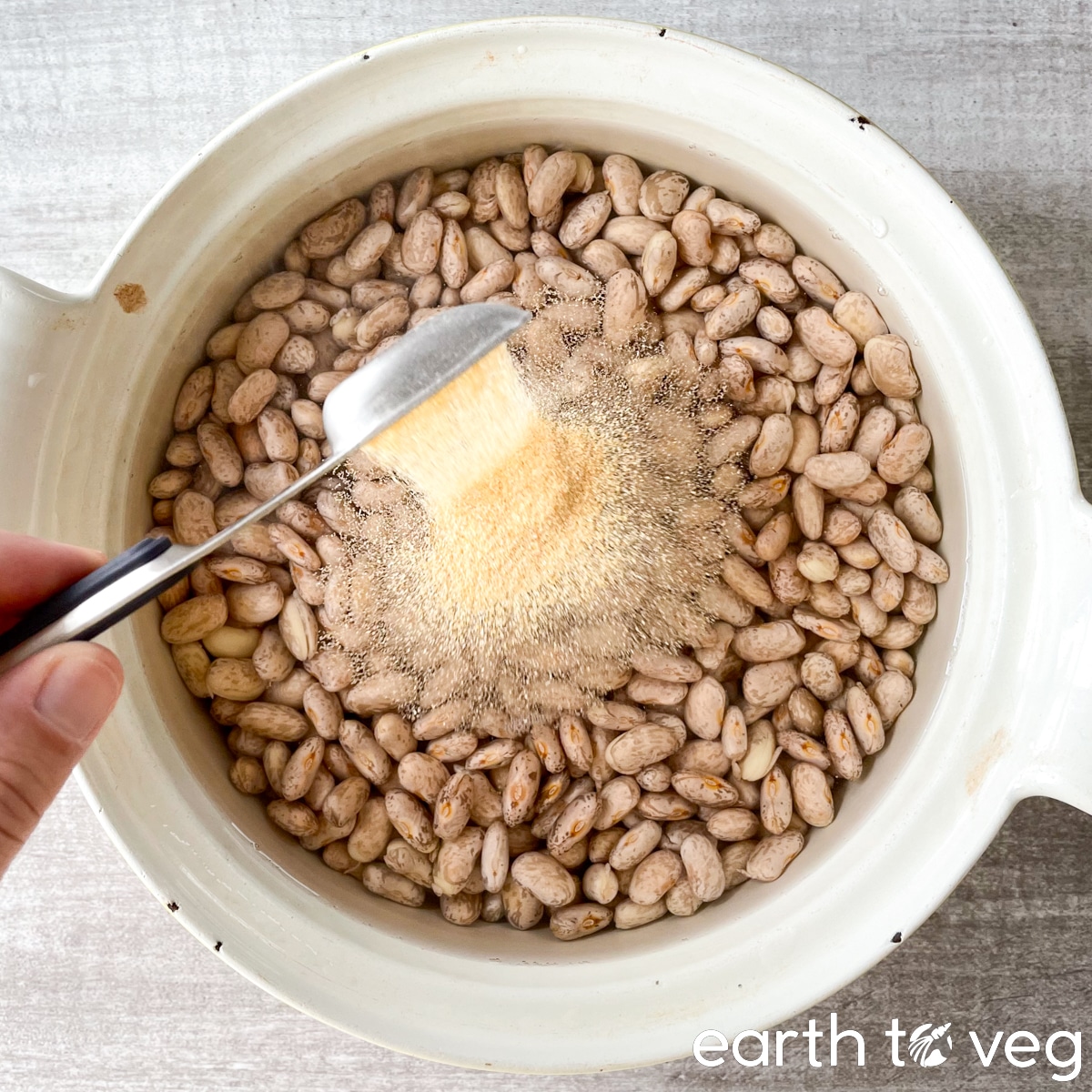 A teaspoonful of garlic powder is added to the pot of beans.