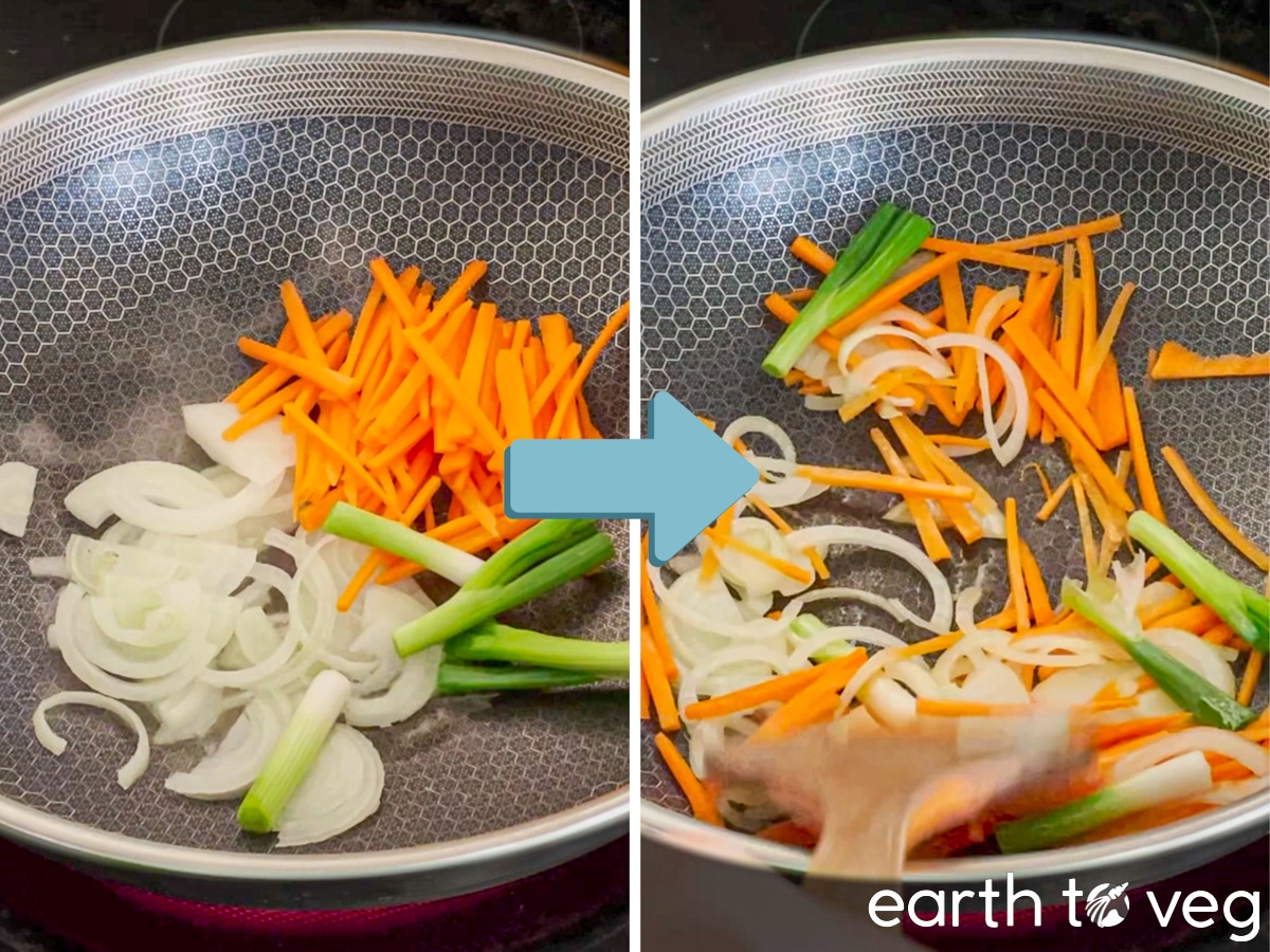 Onion, carrots, and scallions are added to a wok and sauteed.