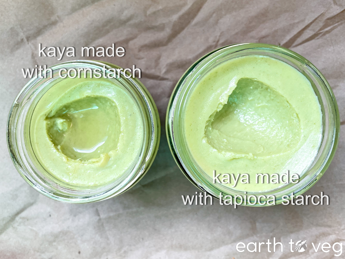 Two jars of vegan kaya, side by side, one cooked with cornstarch and one cooked with tapioca starch.