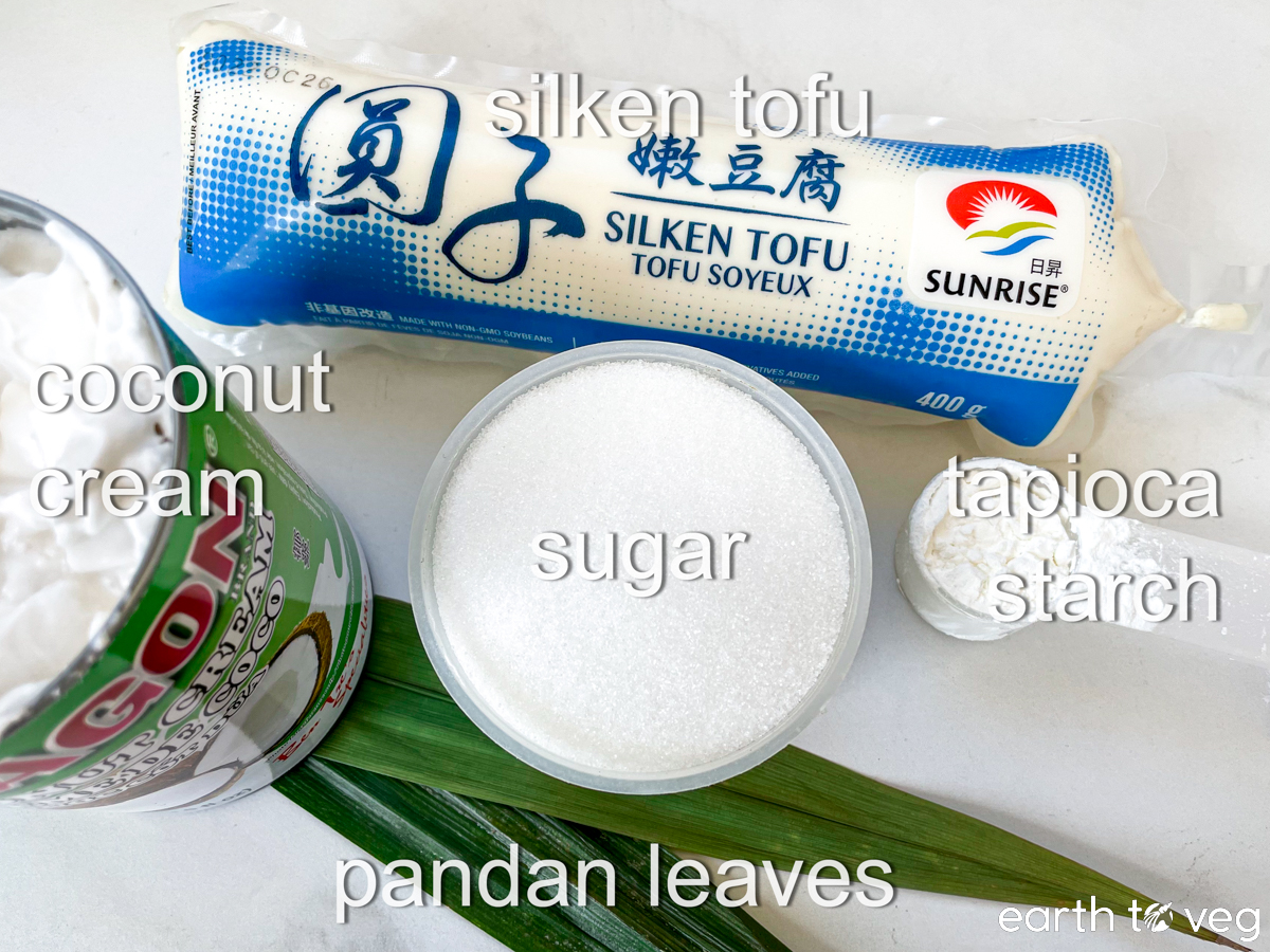 Ingredients for pandan kaya are laid out on a white counter.