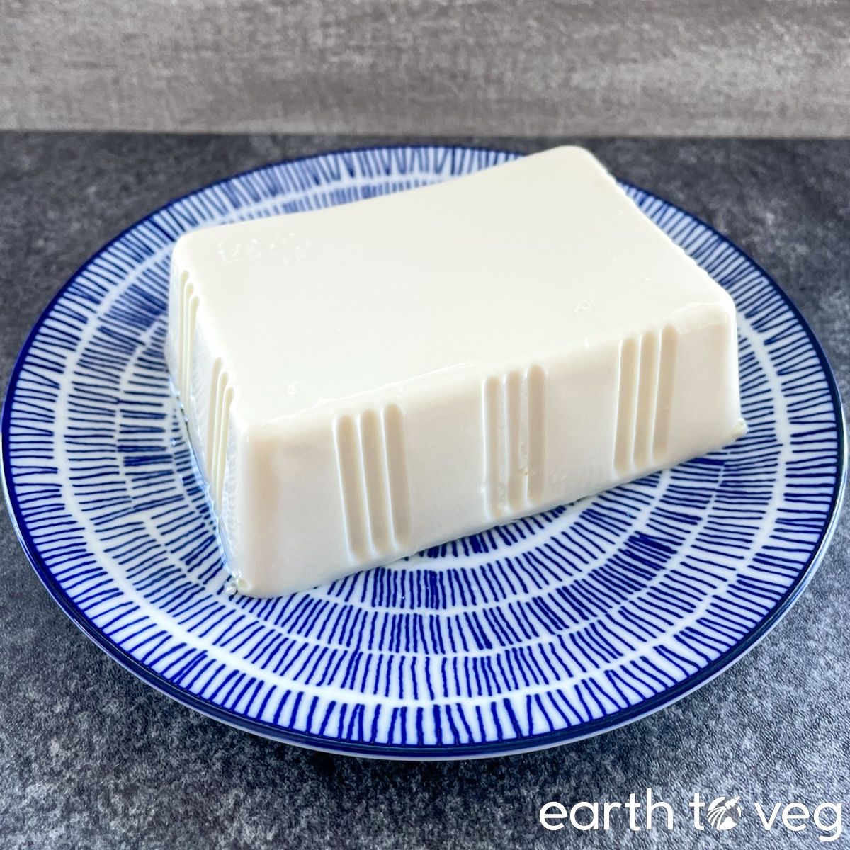 A plain block of soft tofu reposes on a blue ceramic plate.