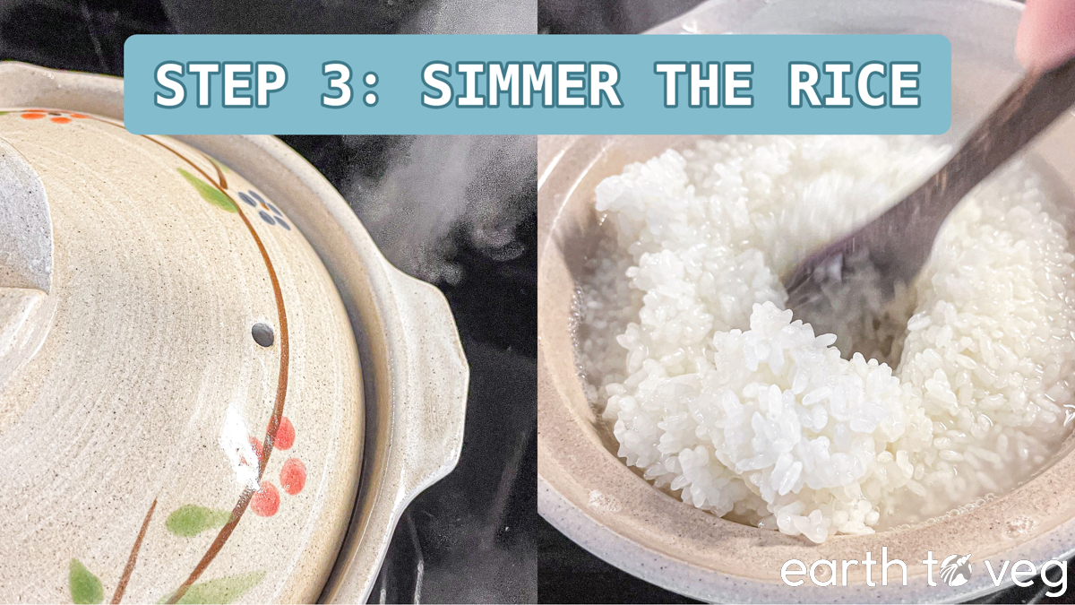 Step 3, Simmer the Rice: boiling rice is stirred in a pot with a wooden spoon.