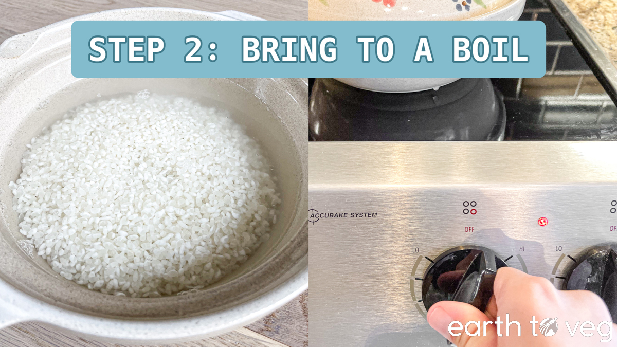 Step 2, Bring to a Boil: washed uncooked rice is covered with water in a donabe and the stove is turned on to medium heat.