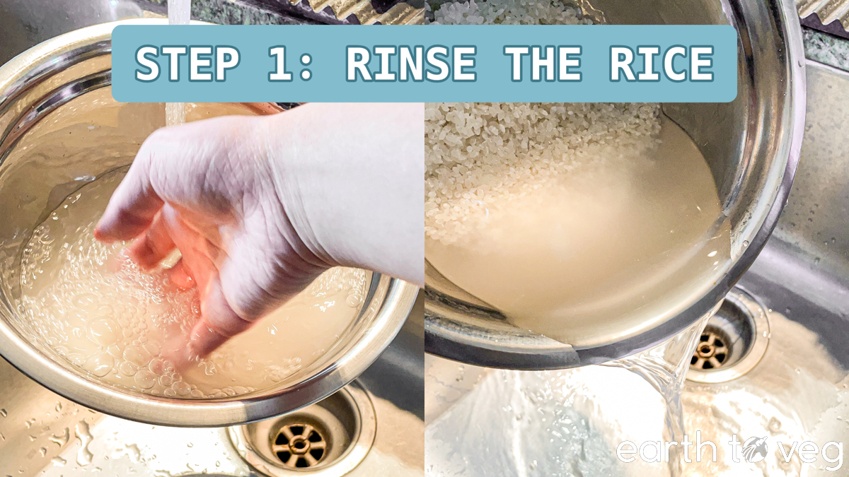 Step 1, Rinse the Rice: rice is rinsed and drained in a metal bowl over a sink.