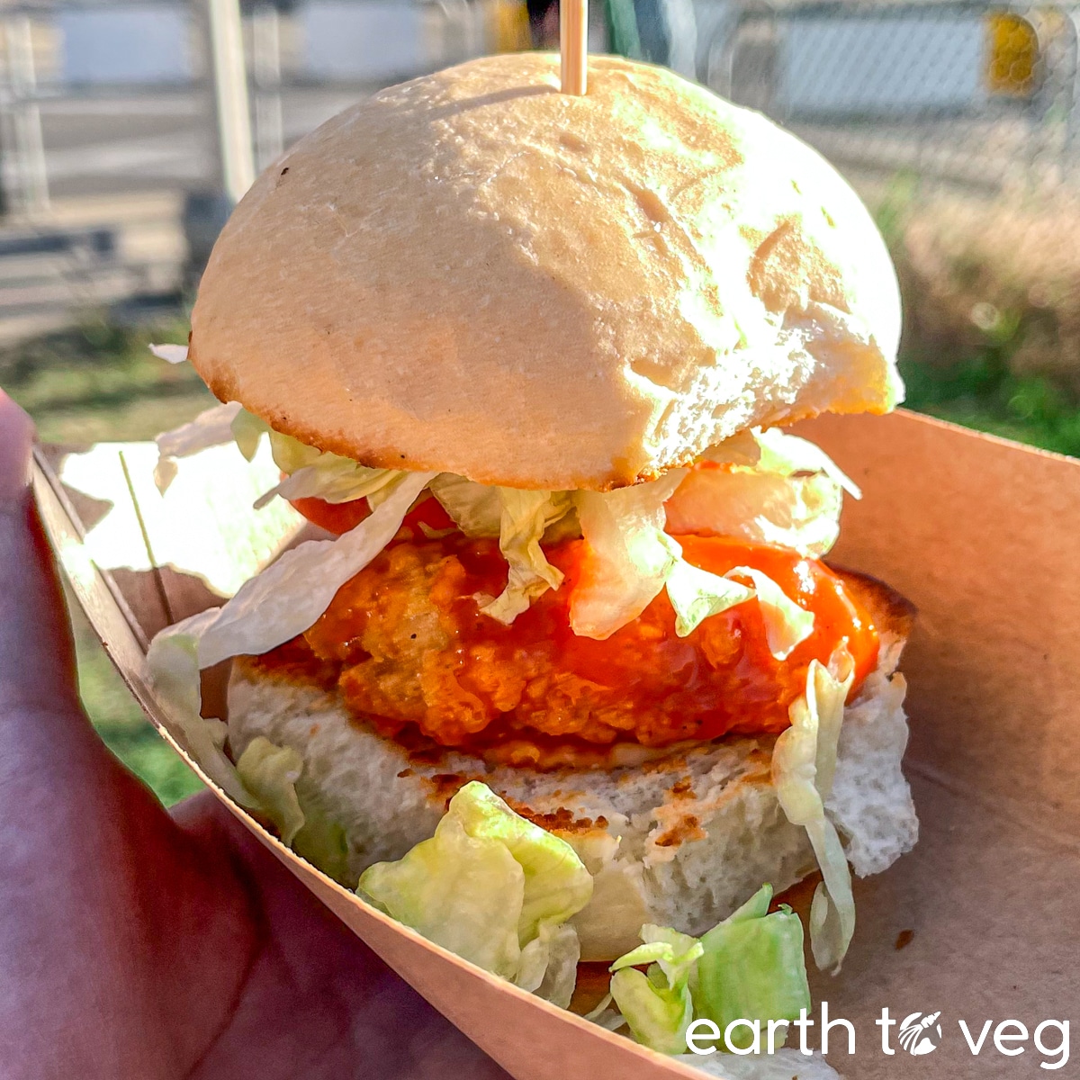 Hand holds up a tiny vegan buffalo chick'n burger in a paper takeout box.