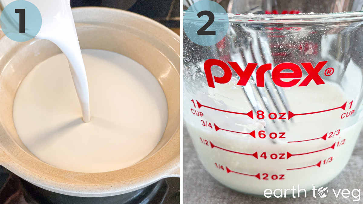 Step 1 (coconut milk is poured into a clay pot) and Step 2 (cornstarch and water are whisked together in a pyrex measuring cup).