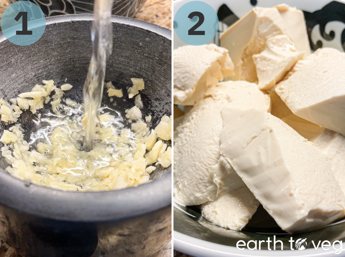 Steps 1 and 2 of making spicy doufuhua: Garlic is covered with hot water, and silken tofu is broken up in a bowl.