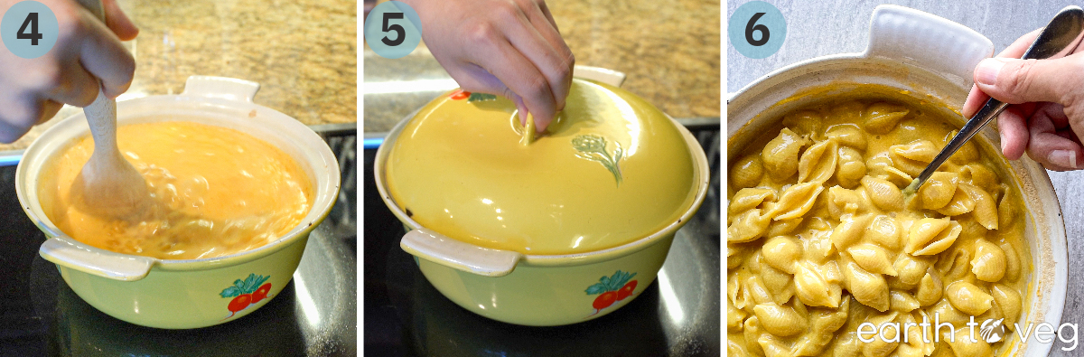 Steps 4, 5, 6 of making vegan mac n cheese: the Dutch oven is covered with a lid, the stove is turned down to medium-low, and the cooked pasta is then stirred in its pot.