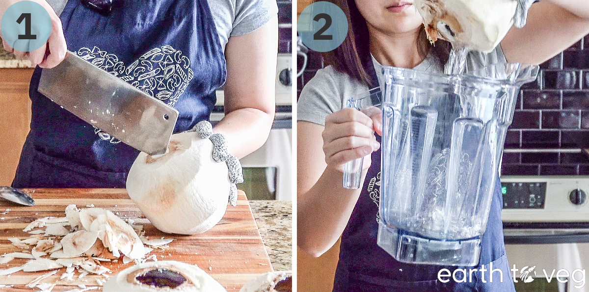 Steps 1 and 2 of making coconut milk: crack open a coconut and drain the water into a blender jar.