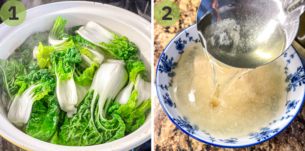 Bok choy is cooked in kombu dashi, then part of the broth is mixed with miso paste.
