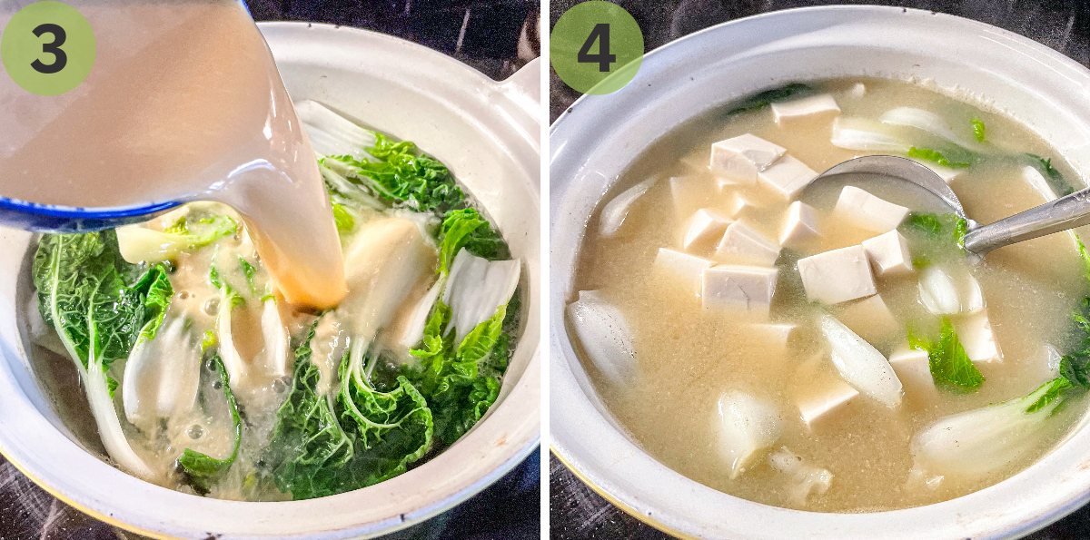 The miso mixture is poured back into the soup and tofu cubes are stirred in at the end of cooking.