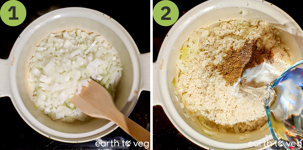 Diced onions are sauteed in a Dutch oven, then rice, spices, and water are poured in.