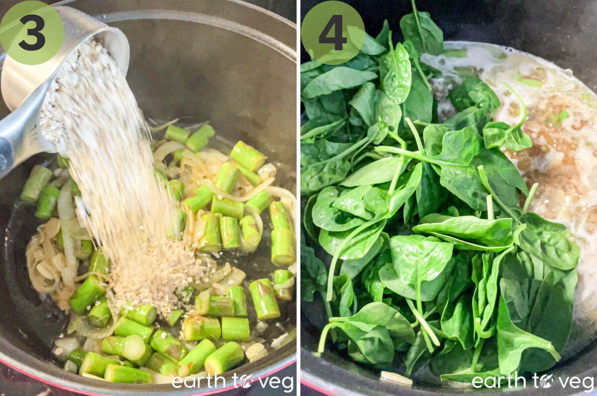 Oats are added to the asparagus for creaminess, then spinach is added for vibrant green.