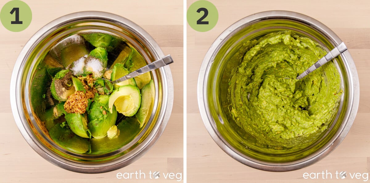 Avocadoes and salad dressing ingredients are mashed together in a mixing bowl.