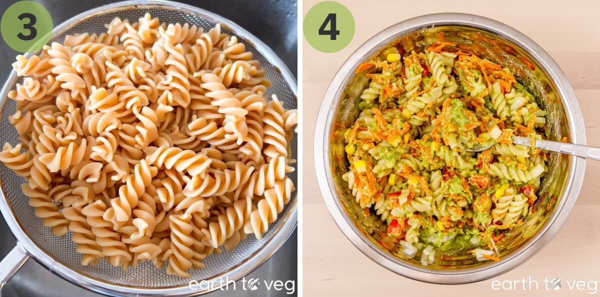 Mixing pasta and tofu into the avocado salad.