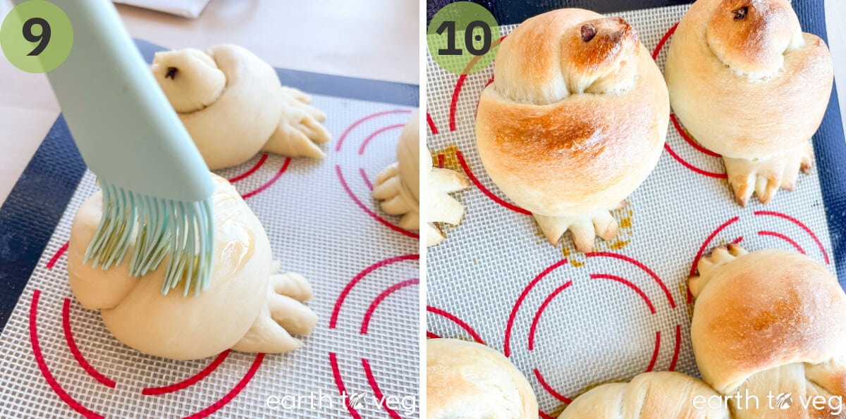 The zhavoronki buns are brushed with apricot jam and baked until golden.