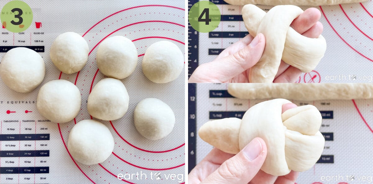 The bread dough is rolled and tied into knots.