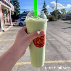 A large sized avocado milkshake outdoors on a summer day.