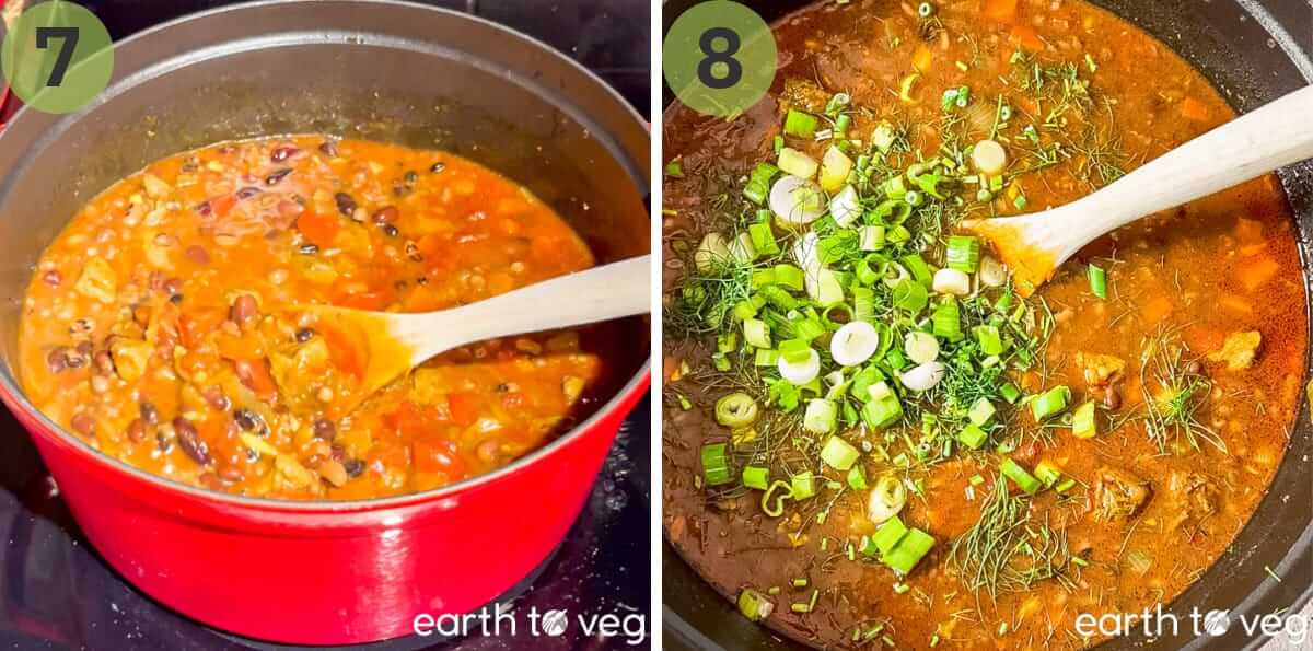 Afghan mashawa is cooked and garnished with fresh herbs.