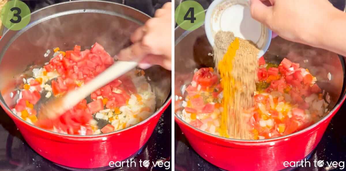 Onions and tomatoes are sauteed, then spices are added to the pot.