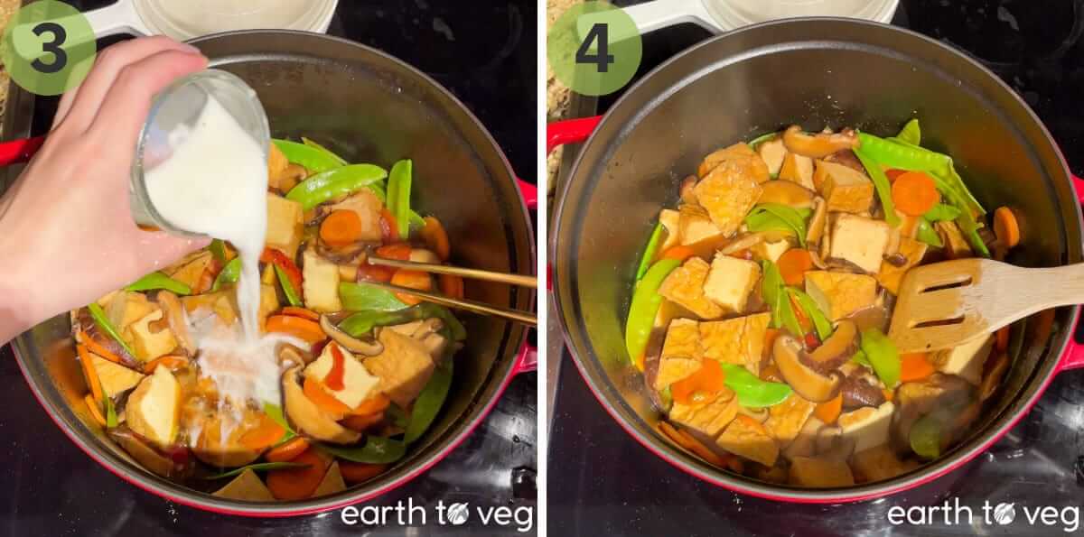 Cornstarch slurry is poured over the Chinese braised tofu.