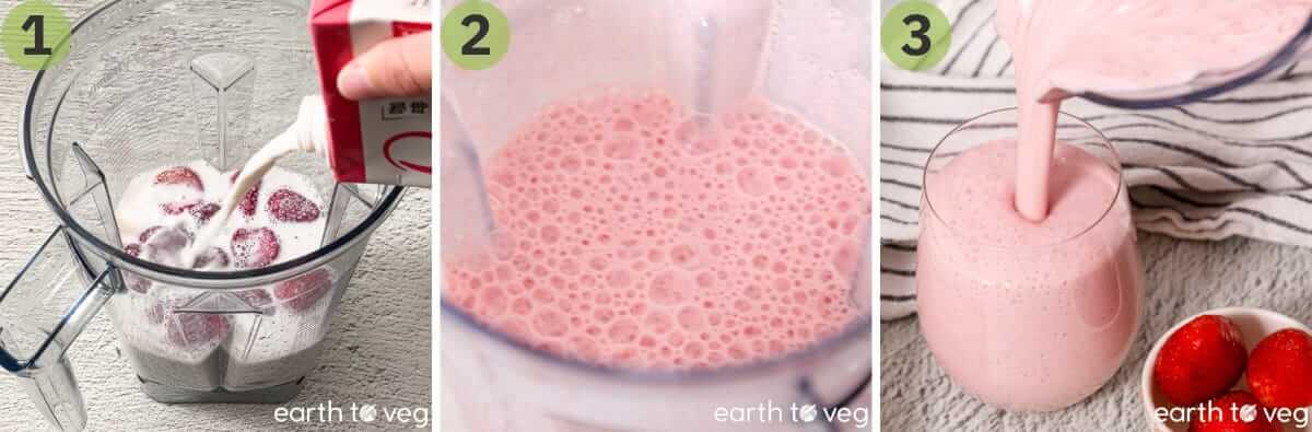 Strawberries and coconut milk blended into a pink smoothie and poured into a glass.